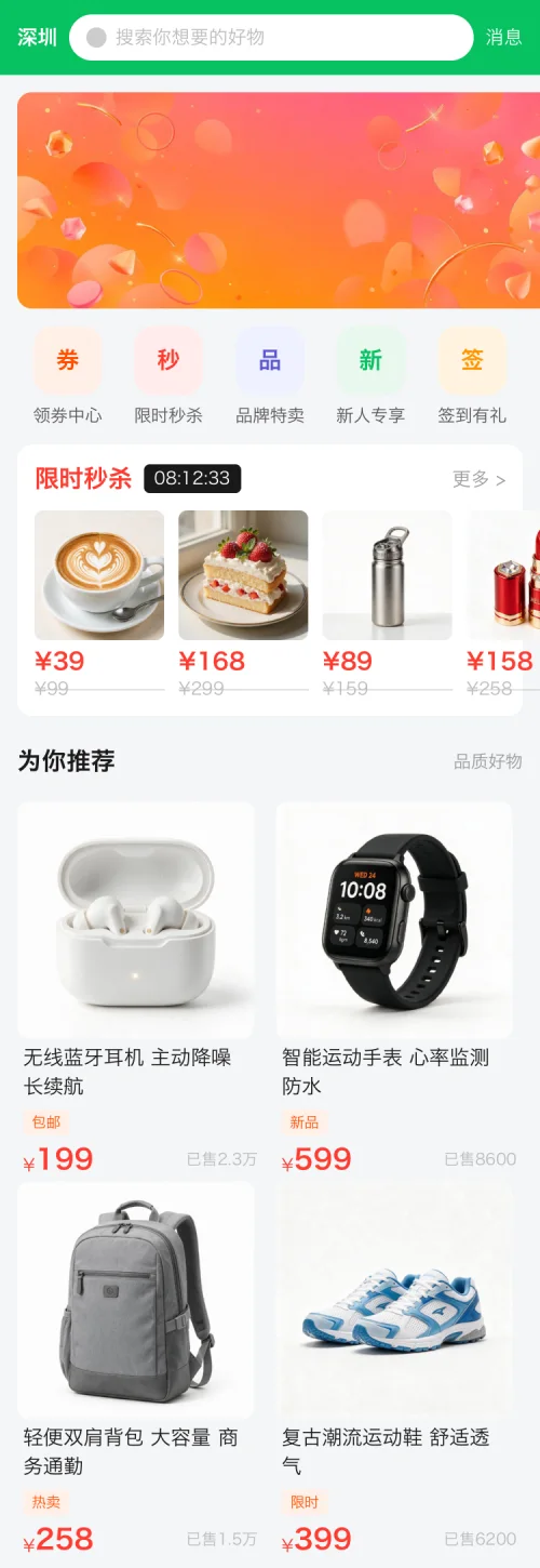E-commerce home rendered by the engine, with a carousel, a flash-sale countdown and a recommendation feed